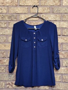 PerSeption Concept Navy Blue Button Accent Blouse Size Medium